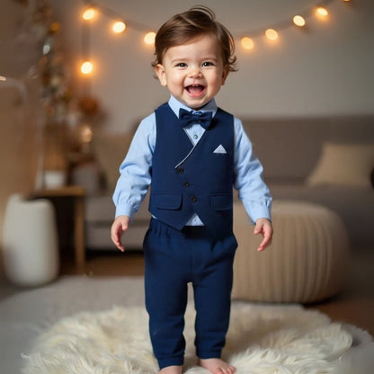 Boys Formal 3-Piece Suit Set with Shirt, Vest, Pants & Bow Tie for Weddings, Parties, Special Occasions | Toddler Kids Dress Outfit