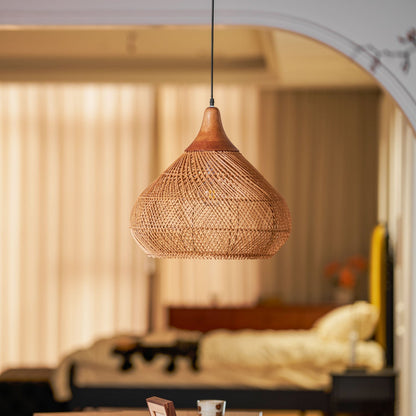 Handwoven Rattan Ceiling Light Fixture for Dining Room and Kitchen Island Over Table Adjustable Drop Natural Fiber Pendant Shade Wood Metal