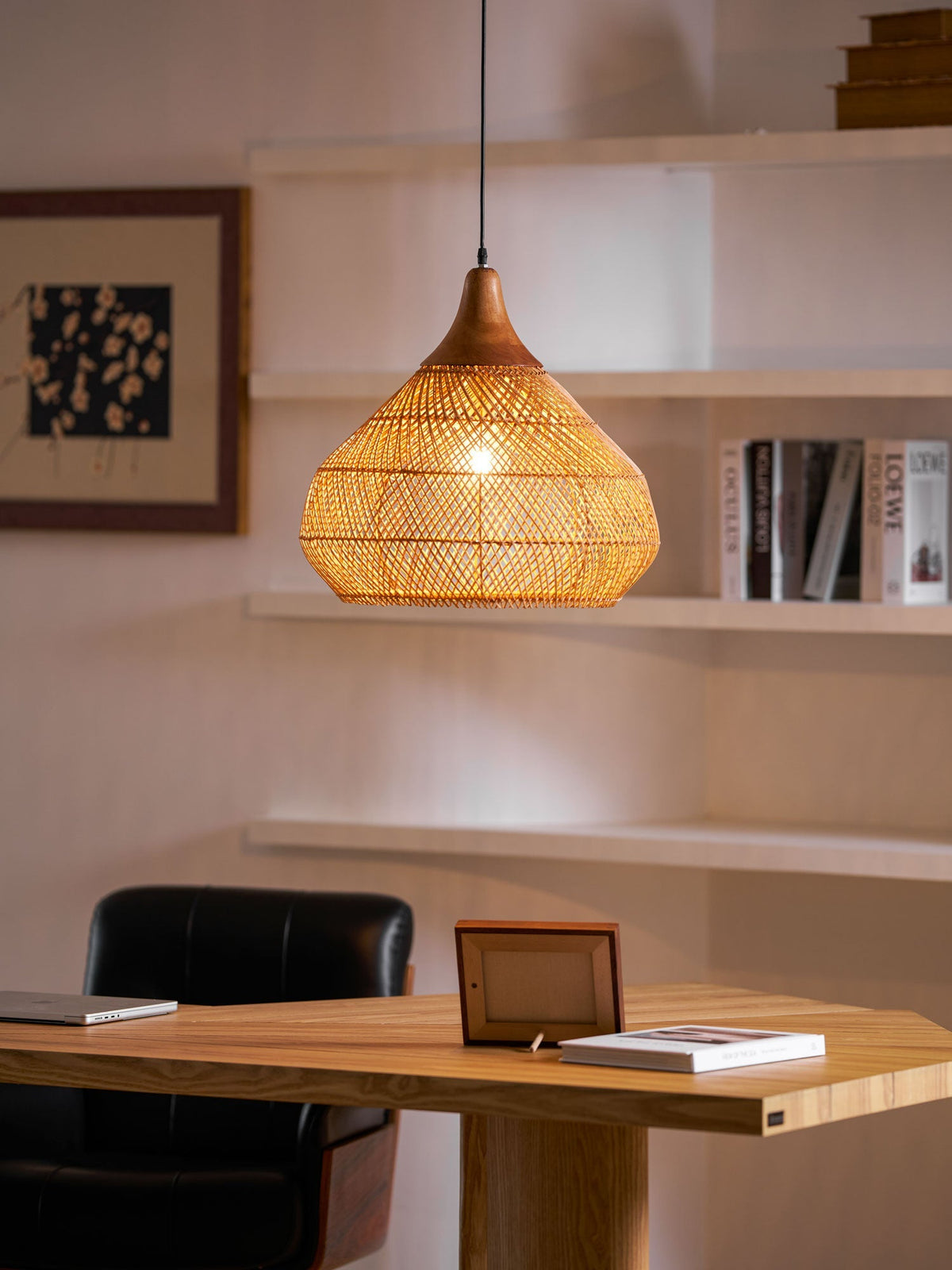 Handwoven Rattan Ceiling Light Fixture for Dining Room and Kitchen Island Over Table Adjustable Drop Natural Fiber Pendant Shade Wood Metal