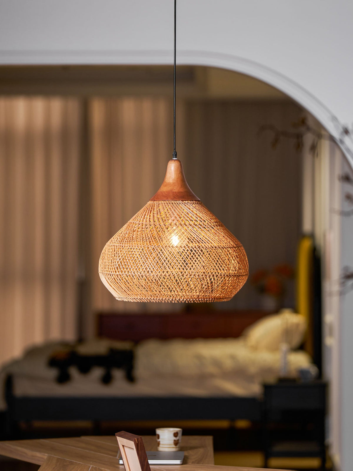 Handwoven Rattan Ceiling Light Fixture for Dining Room and Kitchen Island Over Table Adjustable Drop Natural Fiber Pendant Shade Wood Metal