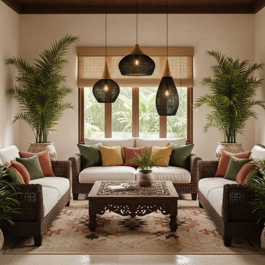 Handwoven Rattan Ceiling Light Fixture for Dining Room and Kitchen Island Over Table Adjustable Drop Natural Fiber Pendant Shade Wood Metal