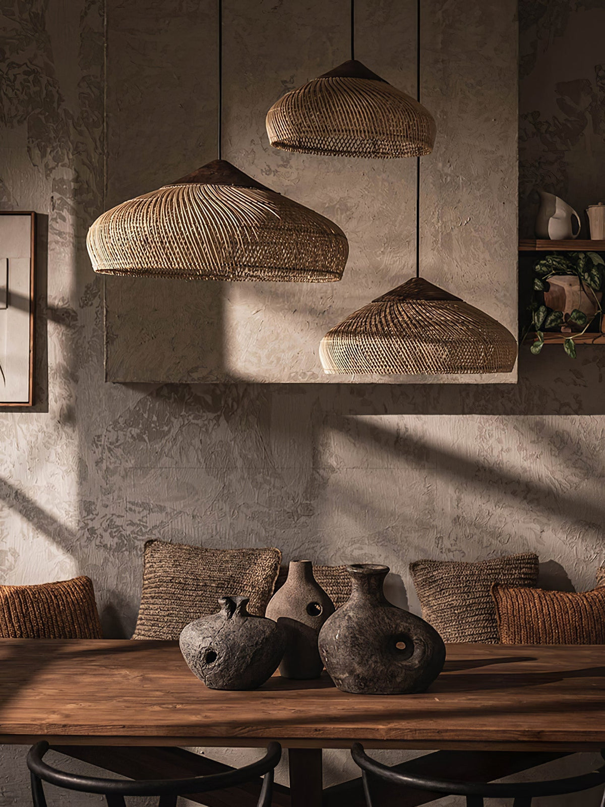 Handwoven Rattan Ceiling Light Fixture for Dining Room and Kitchen Island Over Table Adjustable Drop Natural Fiber Pendant Shade Wood Metal