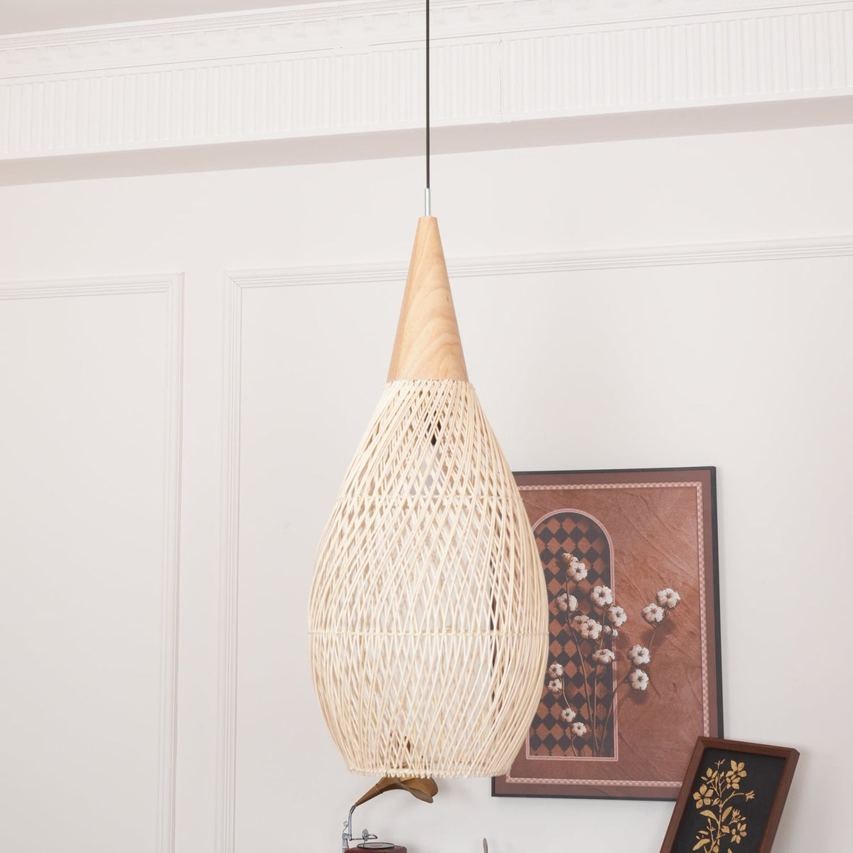 Handwoven Rattan Ceiling Light Fixture for Dining Room and Kitchen Island Over Table Adjustable Drop Natural Fiber Pendant Shade Wood Metal