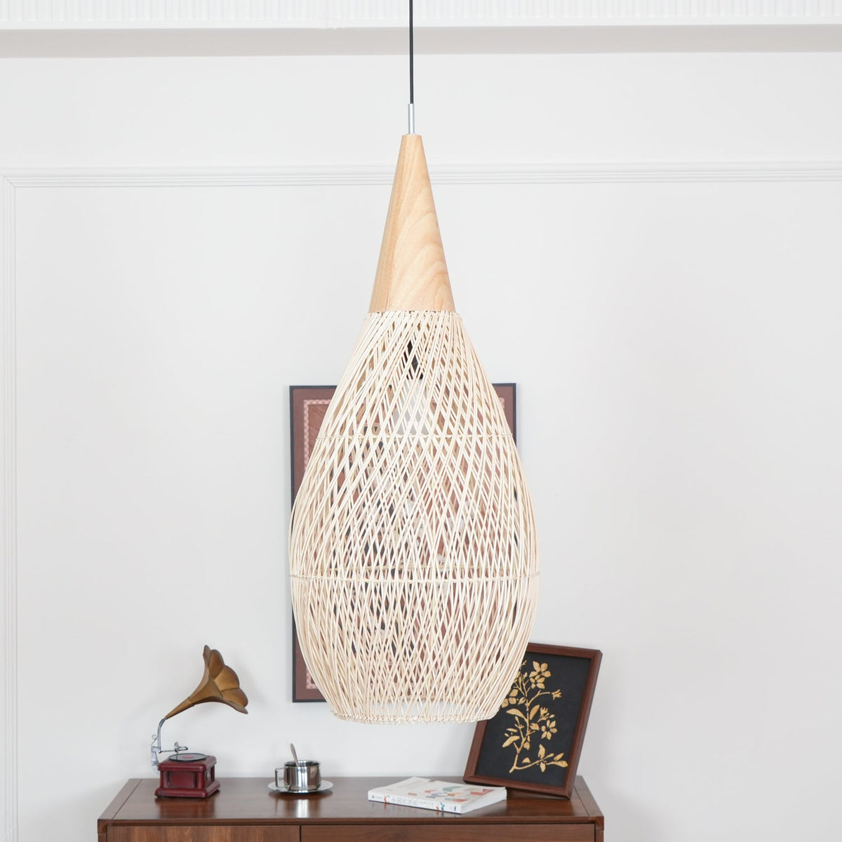 Handwoven Rattan Ceiling Light Fixture for Dining Room and Kitchen Island Over Table Adjustable Drop Natural Fiber Pendant Shade Wood Metal