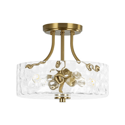 Textured Glass Semi-Flush Ceiling Light 12 Inch Round Drum for Bedrooms Bathrooms Hallways Entryways Compact Spaces Two Bulb Metal Frame Mod