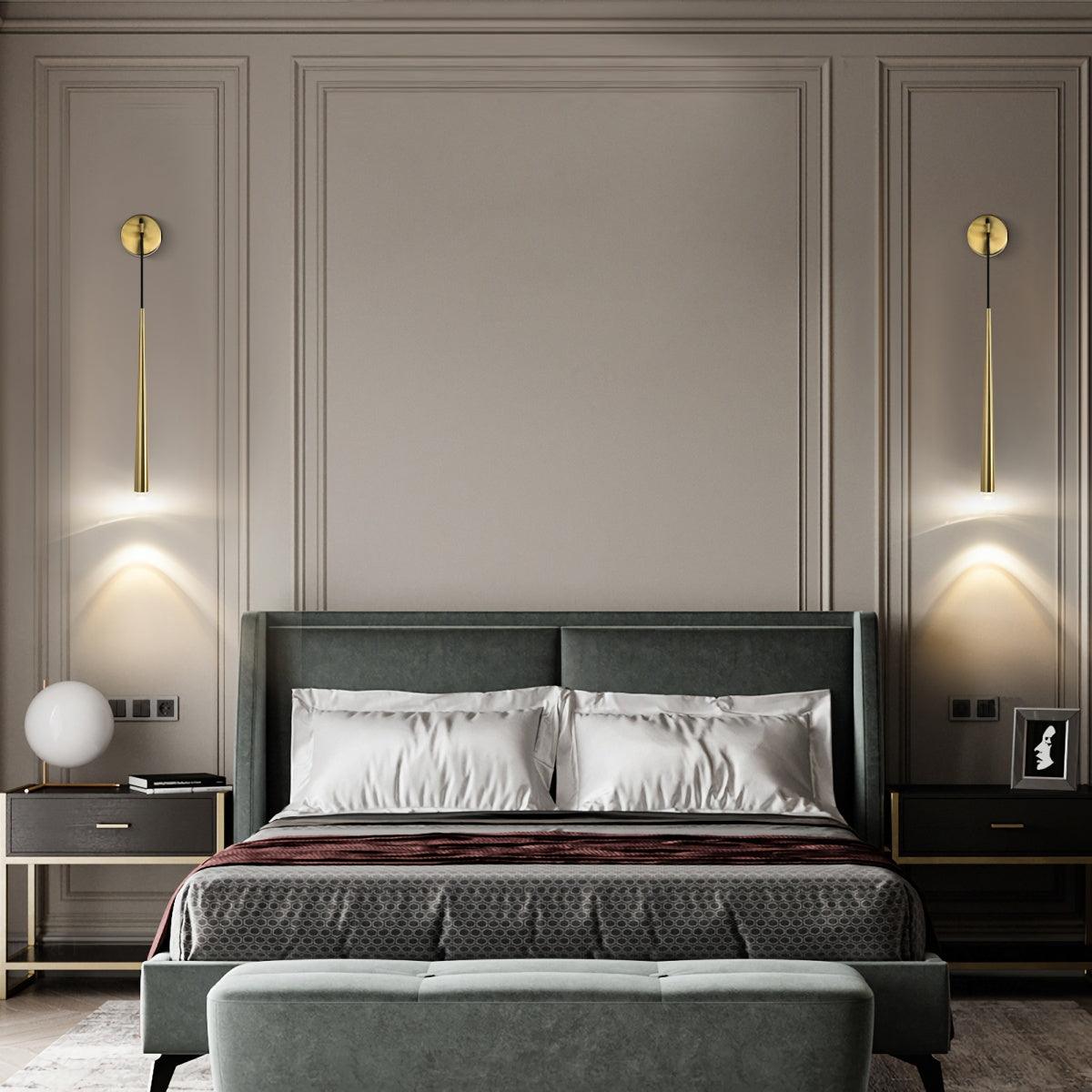 Aplique de pared LED cónico de latón de 15 pulgadas, luz de lectura vertical, iluminación para pasillo, dormitorio, montaje de metal moderno y minimalista, acento decorativo