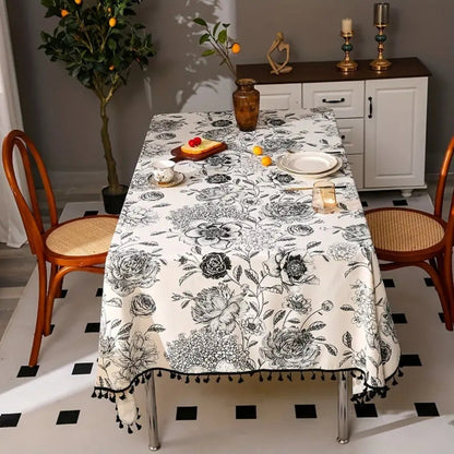 Brielle Custom Tablecloth - Cotton Polyester Blend, Floral Tassels