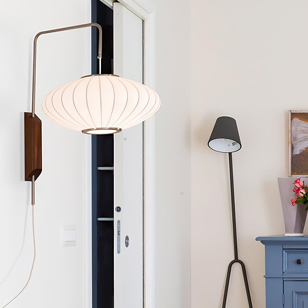 Swivel Sphere Wall Light with Adjustable Cord 15.7 in Walnut Chrome Finish Plug-In LED Sconce for Bedroom Office Living Room