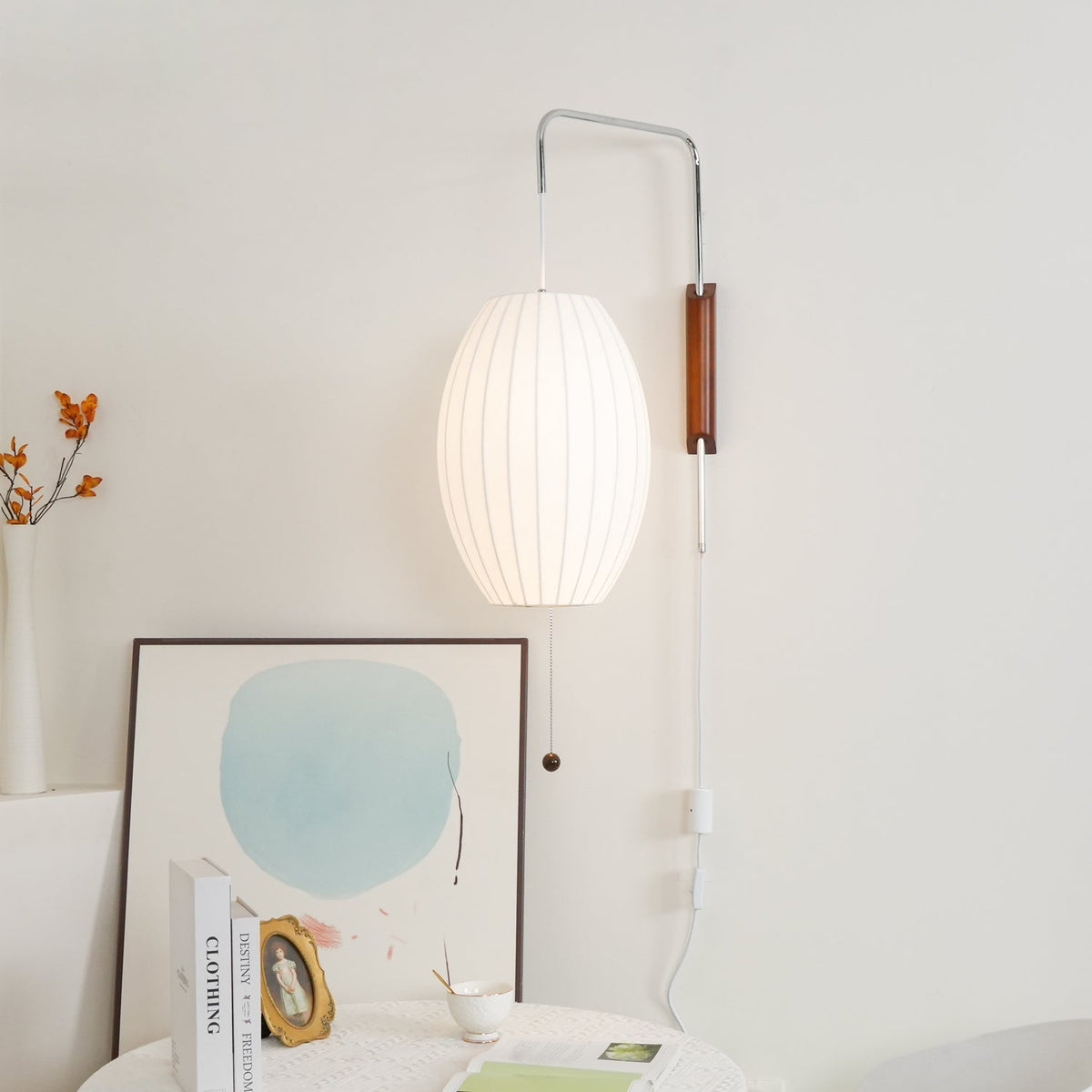 Swivel Sphere Wall Light with Adjustable Cord 15.7 in Walnut Chrome Finish Plug-In LED Sconce for Bedroom Office Living Room