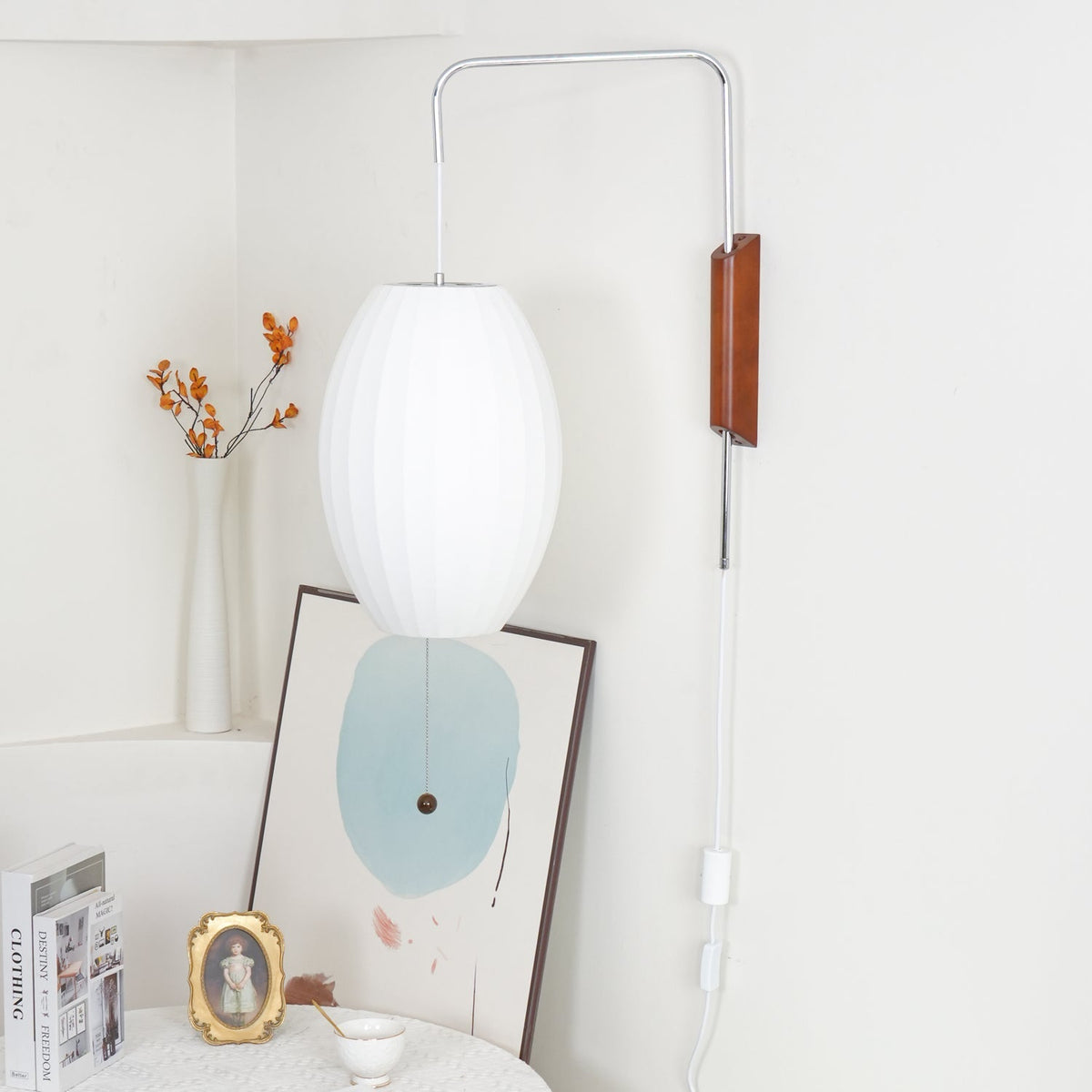 Swivel Sphere Wall Light with Adjustable Cord 15.7 in Walnut Chrome Finish Plug-In LED Sconce for Bedroom Office Living Room