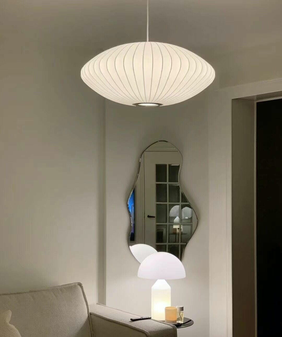 Steel Wire Silk Shade Ceiling Light 20 in White for Kitchen Island Dining Room Modern Pendant Lamp Hanging Fixture Adjustable Cord E26 Base