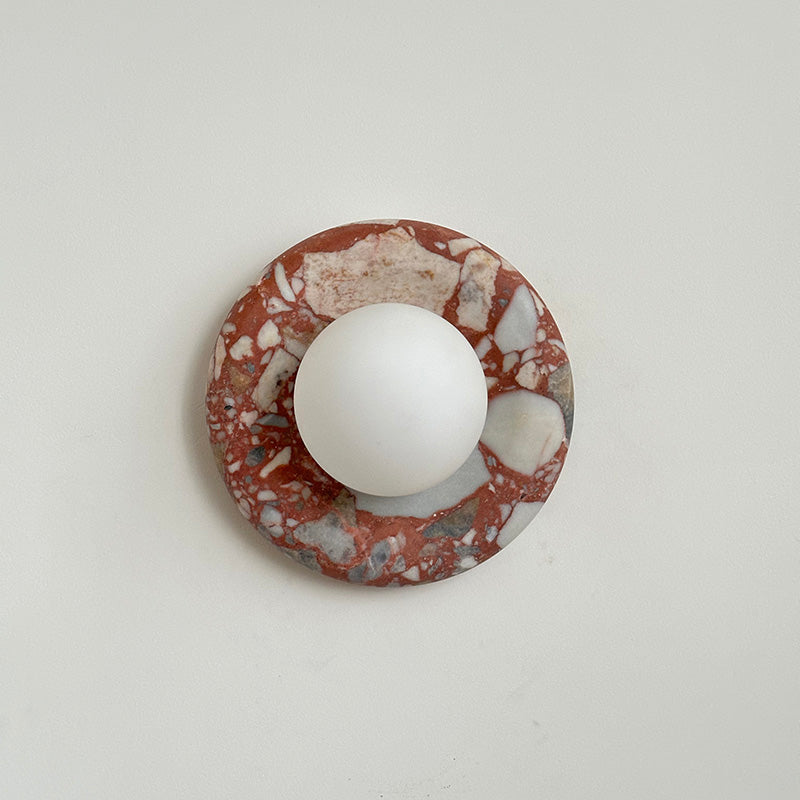 Round Glass Sconce with Natural Stone Backplate – 8-Inch Contemporary Fixture for Entryways, Bedrooms & Corridors