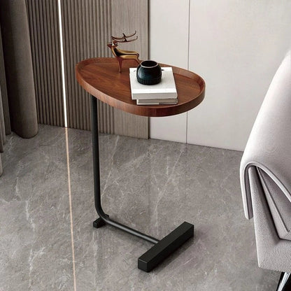 C-Shaped Mobile Side Table – Compact Wood and Metal Design for Sofa or Bed
