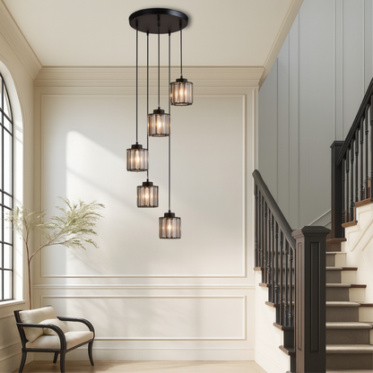Multi-Tier Drop Chandelier for High Ceilings with Ribbed Glass Shades in Black Finish | Adjustable Vertical Lighting for Staircases, Foyers,