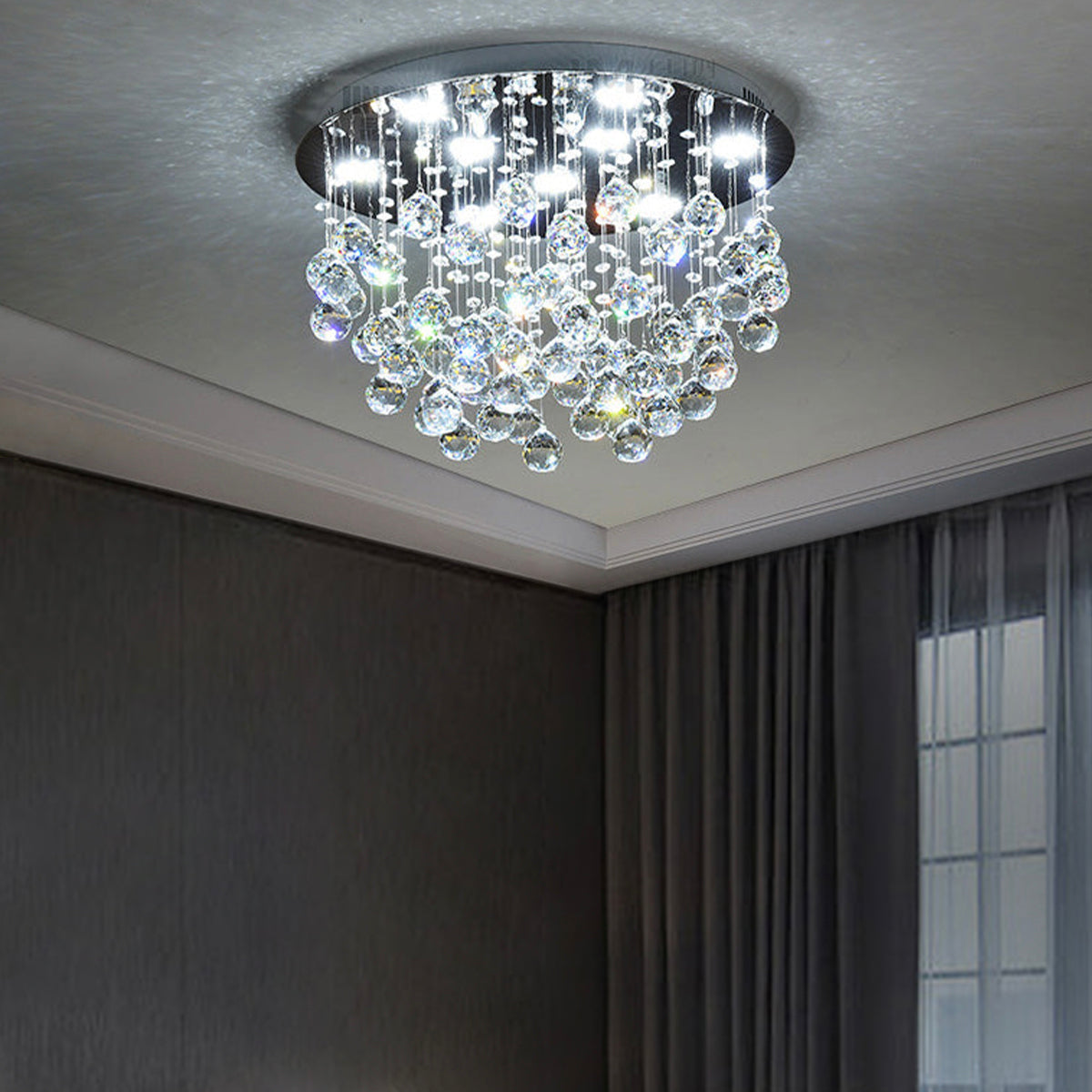 Sparkling Tiered Crystal Ceiling Light Fixture 9-Socket Chrome Finish for Dining Room Bedroom Living Room Contemporary Semi-Flush Mount
