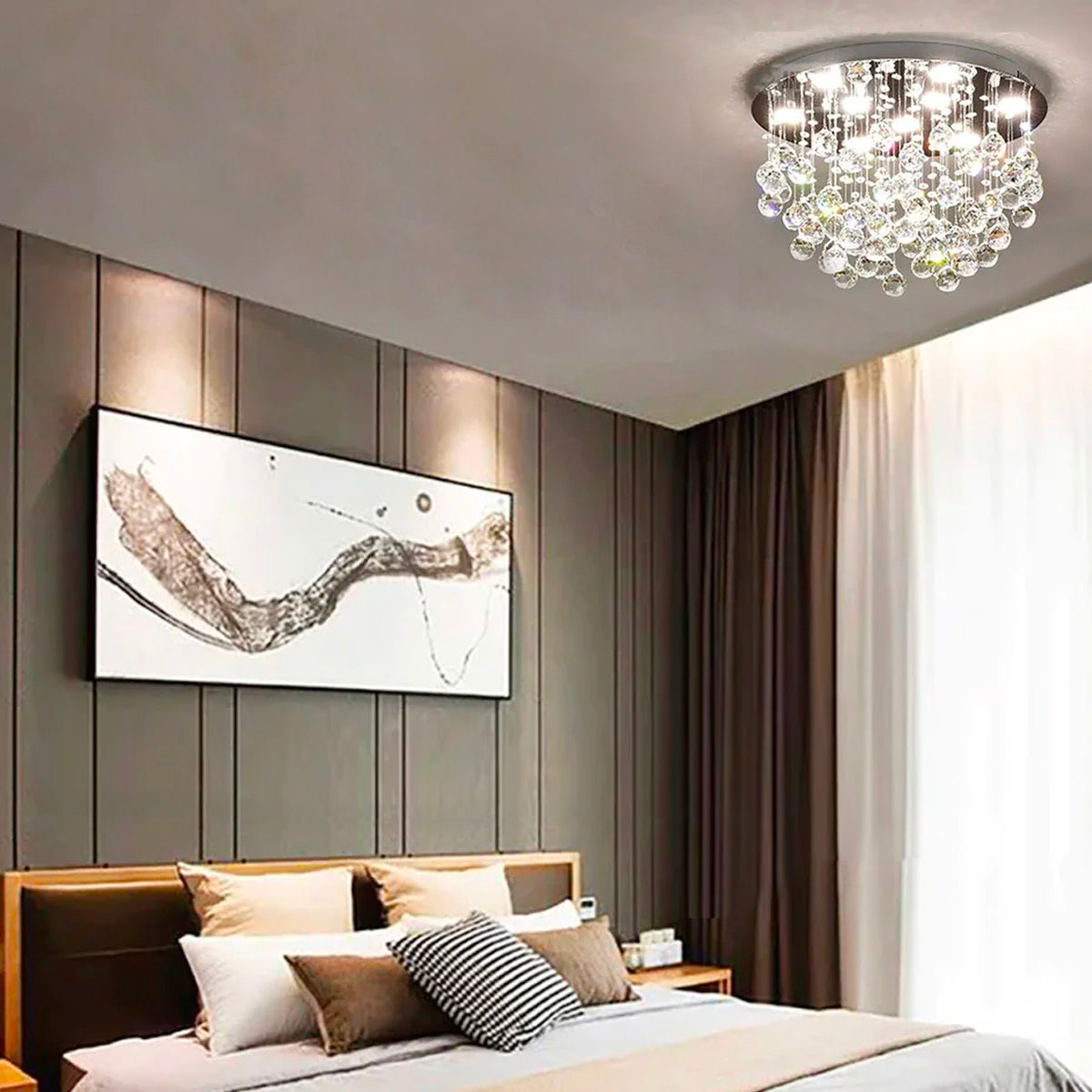 Sparkling Tiered Crystal Ceiling Light Fixture 9-Socket Chrome Finish for Dining Room Bedroom Living Room Contemporary Semi-Flush Mount