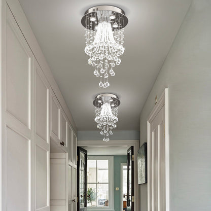 Chrome Ceiling Light with Cascading K9 Crystal Strands for Bedroom, Living Room & Hallway | 5-Light Flush Mount Fixture with GU10 Sockets