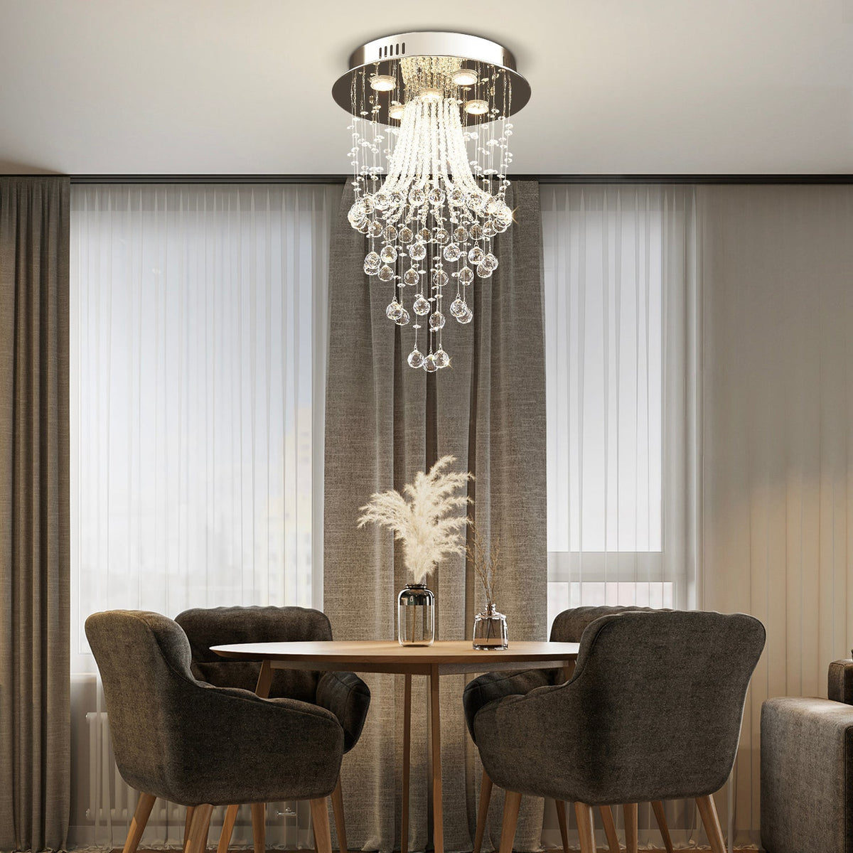 Chrome Ceiling Light with Cascading K9 Crystal Strands for Bedroom, Living Room & Hallway | 5-Light Flush Mount Fixture with GU10 Sockets