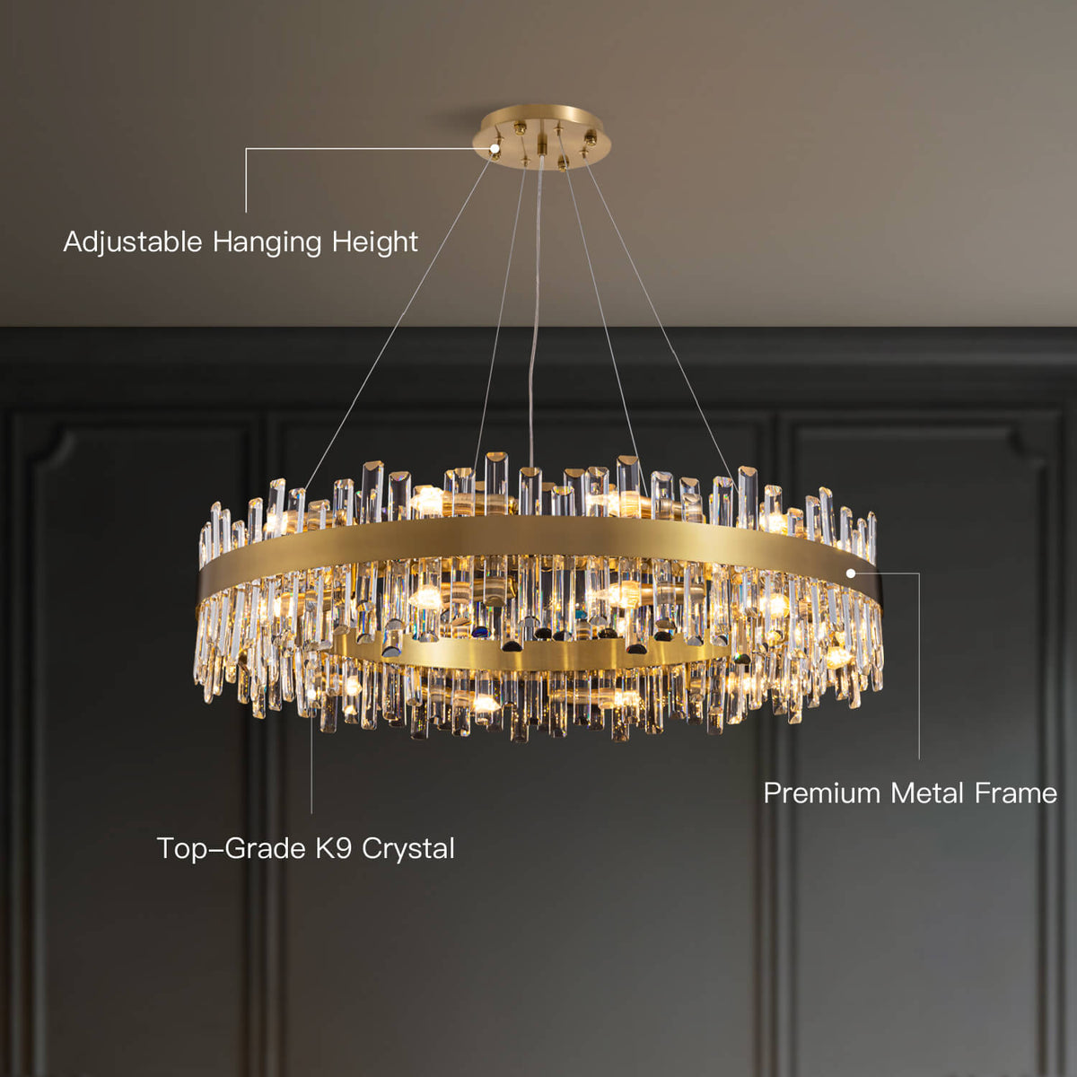 Round Crystal Chandelier Gold Metal 20-Inch Adjustable Height Ceiling Fixture Hanging Lights for Dining Tables Kitchen Islands Living Spaces
