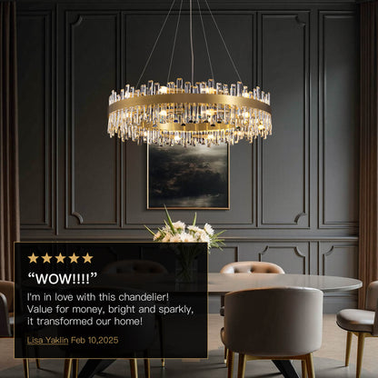 Round Crystal Chandelier Gold Metal 20-Inch Adjustable Height Ceiling Fixture Hanging Lights for Dining Tables Kitchen Islands Living Spaces