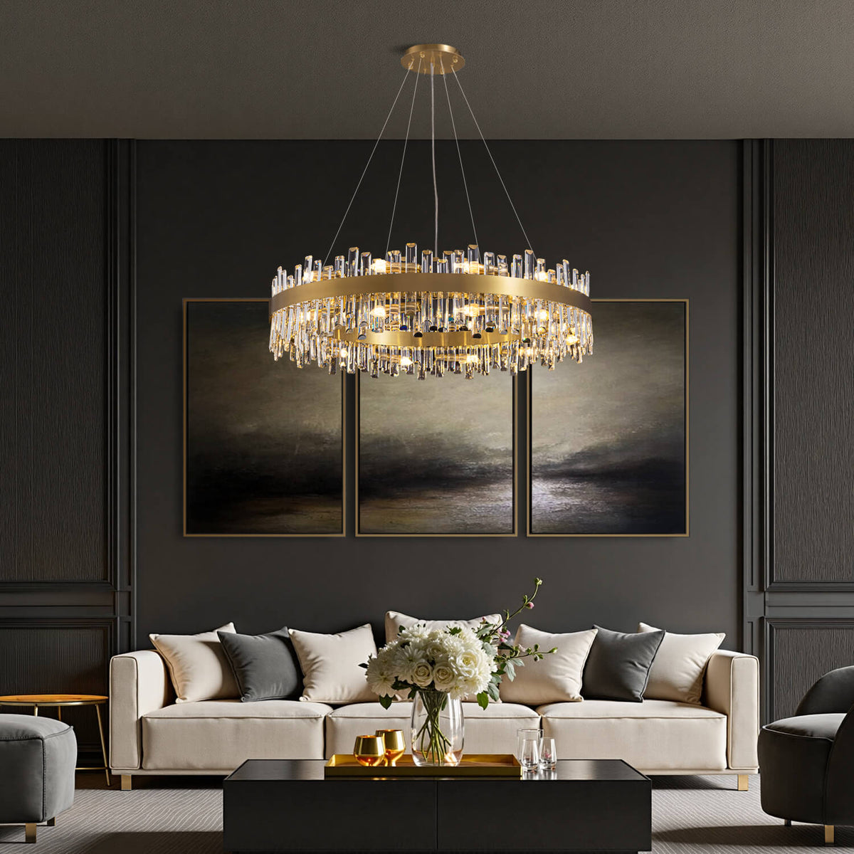 Round Crystal Chandelier Gold Metal 20-Inch Adjustable Height Ceiling Fixture Hanging Lights for Dining Tables Kitchen Islands Living Spaces
