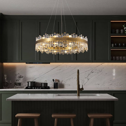Round Crystal Chandelier Gold Metal 20-Inch Adjustable Height Ceiling Fixture Hanging Lights for Dining Tables Kitchen Islands Living Spaces