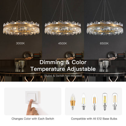 Round Crystal Chandelier Gold Metal 20-Inch Adjustable Height Ceiling Fixture Hanging Lights for Dining Tables Kitchen Islands Living Spaces