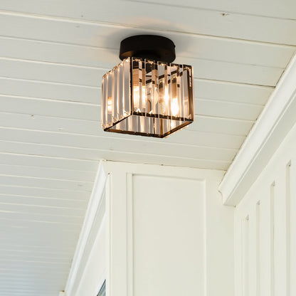 Decorative Flush Mount Light Fixture with Glass Cube and Metal Accents E27 Socket for Entryway Bedroom Small Room Ambient Overhead Lighting