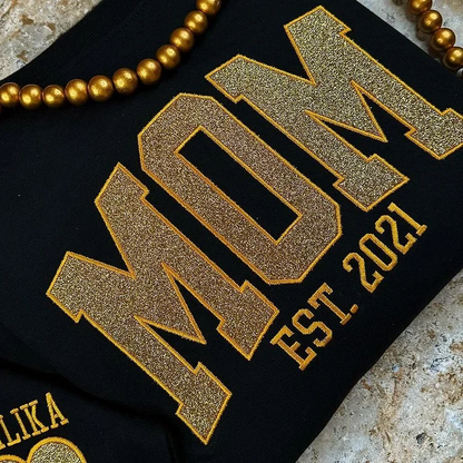 Custom Name Embroidered Glitter Sweatshirt for Moms | Personalized Pullover with Kids Names on Sleeve | Unisex Fit | Hoodie or Crew Neck