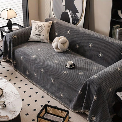 Cameron Sofa Cover - Breathable Chenille, Floral and stripe Embroidery
