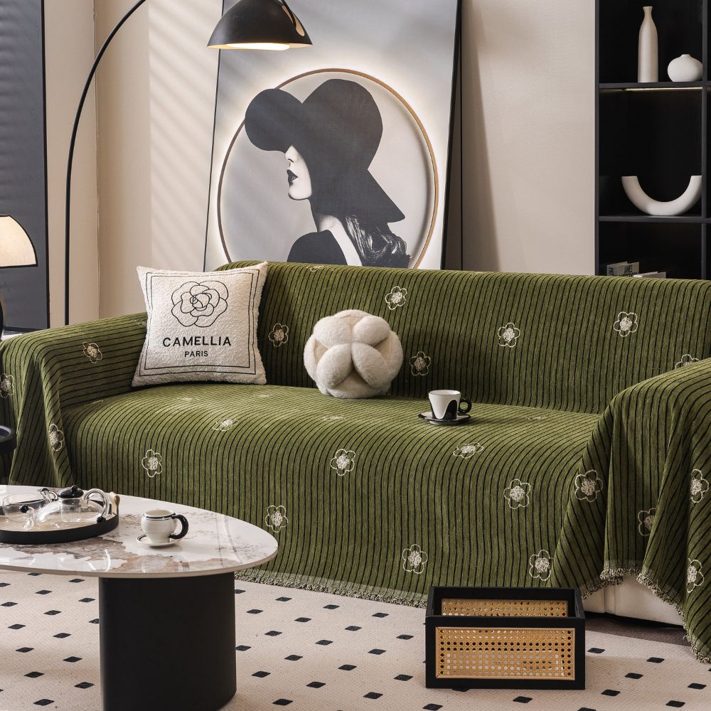 Cameron Sofa Cover - Breathable Chenille, Floral and stripe Embroidery