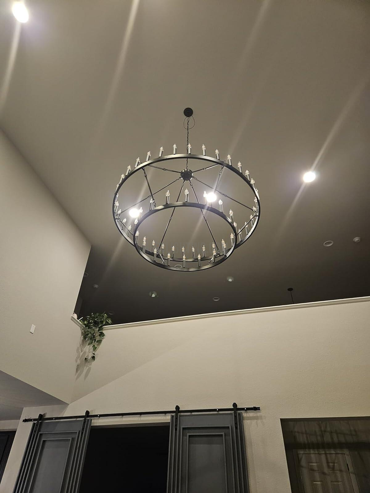 Two-Tier Statement Chandelier with Candelabra Bulbs for Dining Room & Foyer – Handcrafted Iron Rings, 30-66 LED Lights, Vintage Industrial
