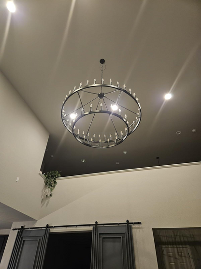 Two-Tier Statement Chandelier with Candelabra Bulbs for Dining Room & Foyer – Handcrafted Iron Rings, 30-66 LED Lights, Vintage Industrial