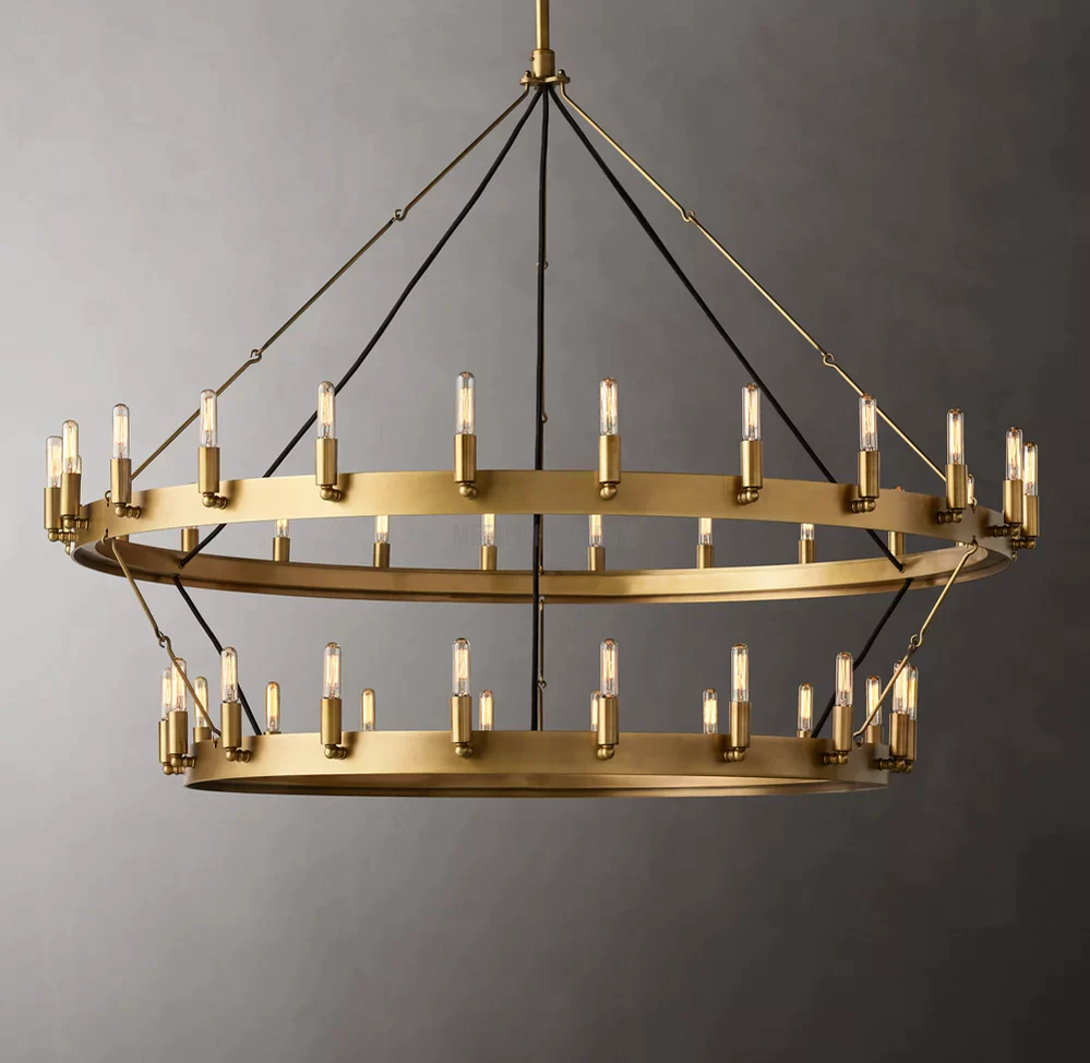Two-Tier Statement Chandelier with Candelabra Bulbs for Dining Room & Foyer – Handcrafted Iron Rings, 30-66 LED Lights, Vintage Industrial