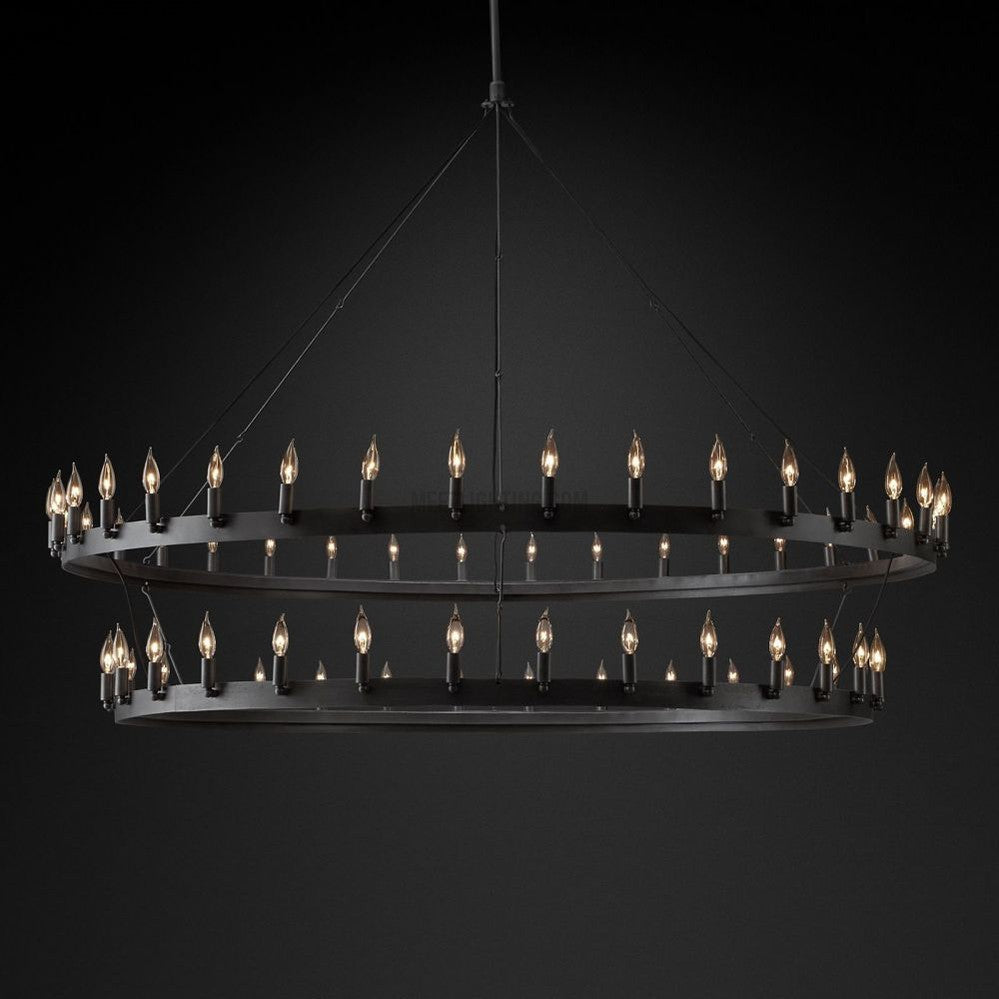Two-Tier Statement Chandelier with Candelabra Bulbs for Dining Room & Foyer – Handcrafted Iron Rings, 30-66 LED Lights, Vintage Industrial