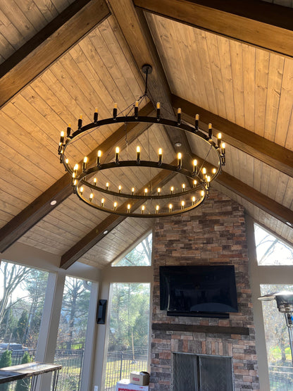 Two-Tier Statement Chandelier with Candelabra Bulbs for Dining Room & Foyer – Handcrafted Iron Rings, 30-66 LED Lights, Vintage Industrial