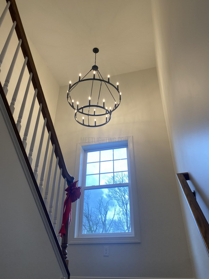 Circular Iron Ring Chandelier with Candelabra Bulbs – Statement Lighting for High Ceilings – 5 Diameter Options from 27" to 73"