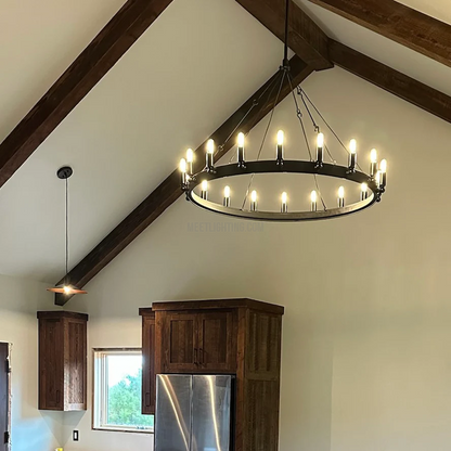 Circular Iron Ring Chandelier with Candelabra Bulbs – Statement Lighting for High Ceilings – 5 Diameter Options from 27" to 73"