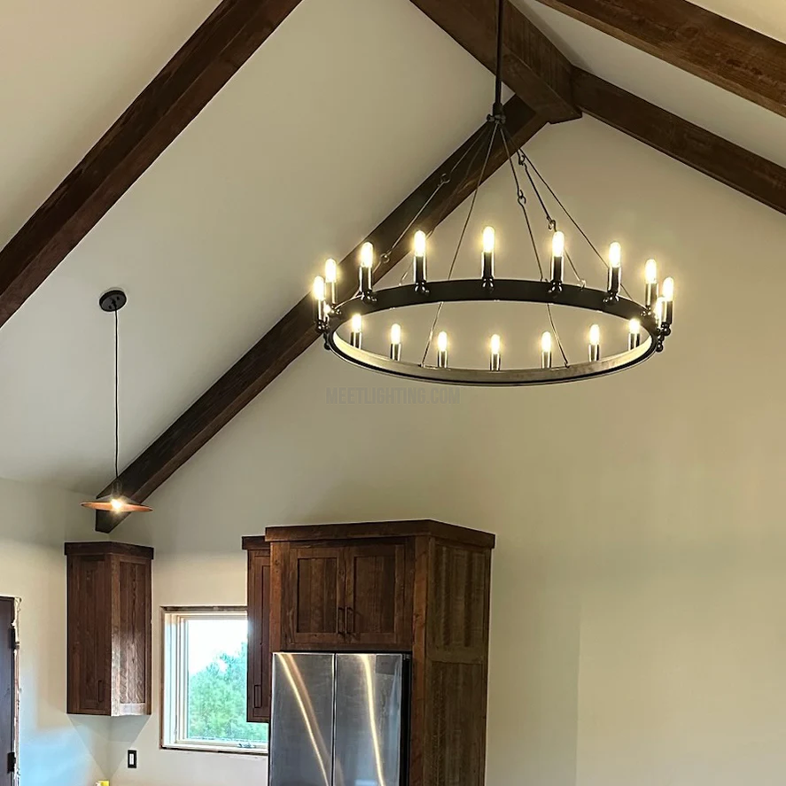 Circular Iron Ring Chandelier with Candelabra Bulbs – Statement Lighting for High Ceilings – 5 Diameter Options from 27" to 73"