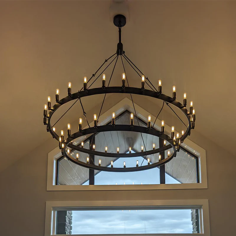 Circular Iron Ring Chandelier with Candelabra Bulbs – Statement Lighting for High Ceilings – 5 Diameter Options from 27" to 73"