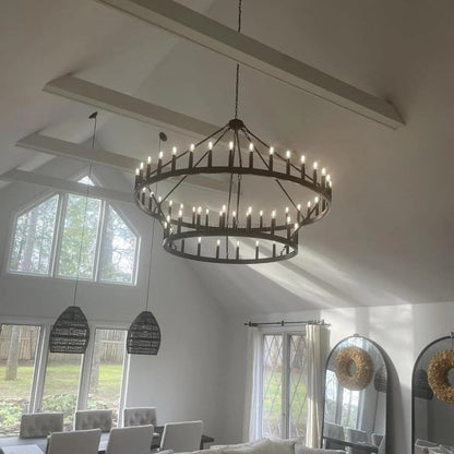 Two-Tier Industrial Chandelier with Filament Bulbs – Iron Angle Frame for Dining Room, Foyer & Living Space