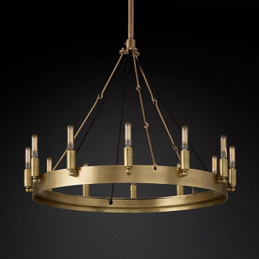 Industrial Round Iron Chandelier with Vintage Filament Bulbs for Dining Room & Foyer
