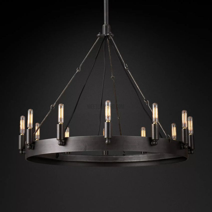 Industrial Round Iron Chandelier with Vintage Filament Bulbs for Dining Room & Foyer