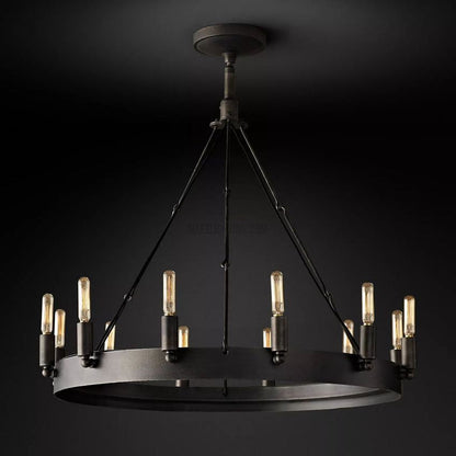 Industrial Round Iron Chandelier with Vintage Filament Bulbs for Dining Room & Foyer