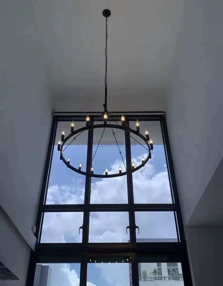 Industrial Round Iron Chandelier with Vintage Filament Bulbs for Dining Room & Foyer