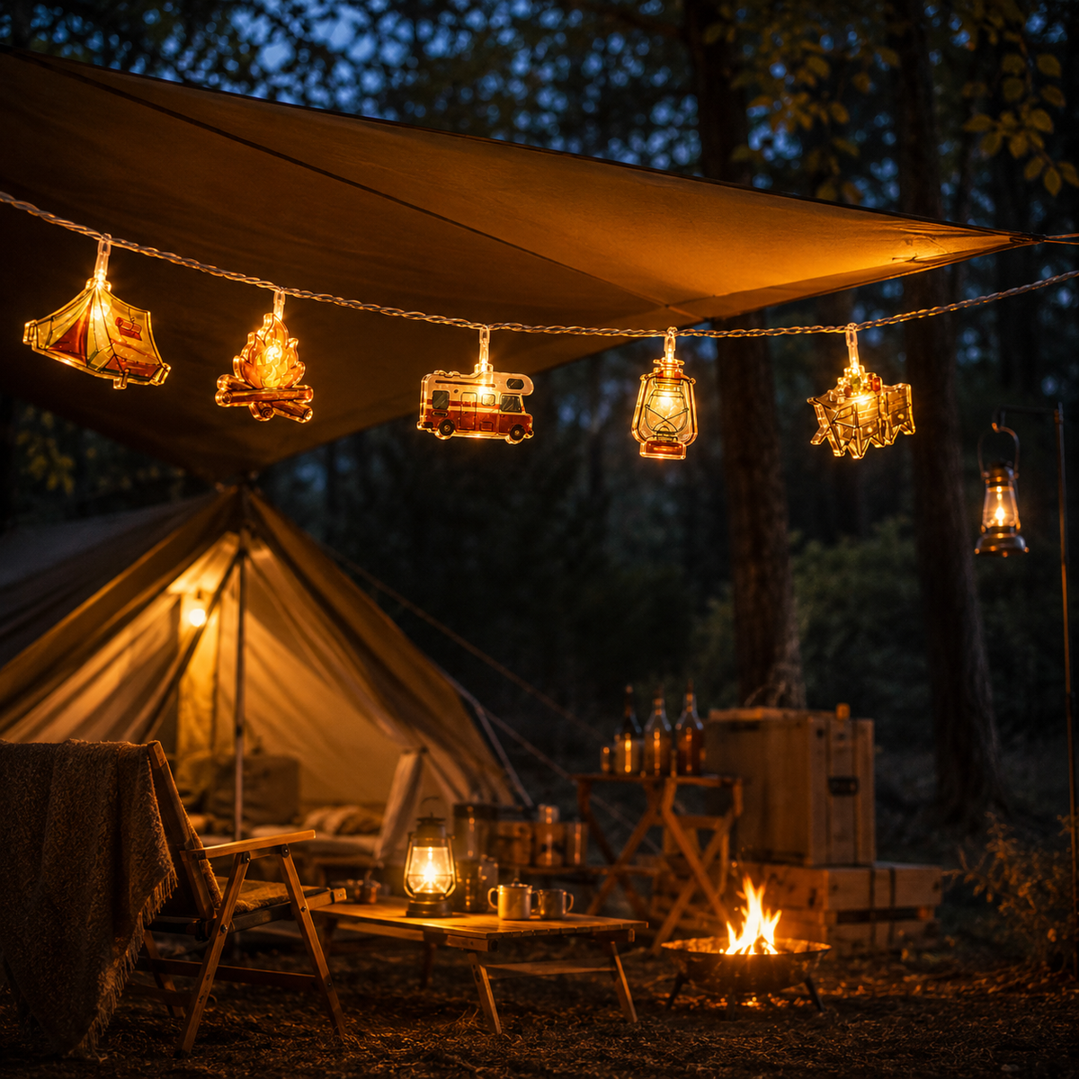 Camping-Themed LED Fairy Lights – Battery-Powered Indoor Outdoor String Lights with Tent, Campfire & Lantern Icons for Patio, Backyard &