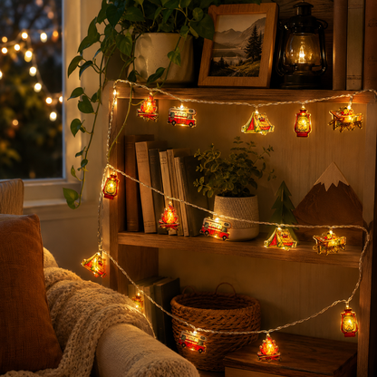 Camping-Themed LED Fairy Lights – Battery-Powered Indoor Outdoor String Lights with Tent, Campfire & Lantern Icons for Patio, Backyard &