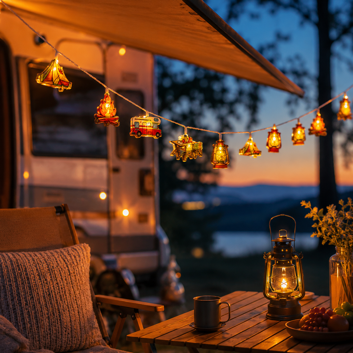 Camping-Themed LED Fairy Lights – Battery-Powered Indoor Outdoor String Lights with Tent, Campfire & Lantern Icons for Patio, Backyard &