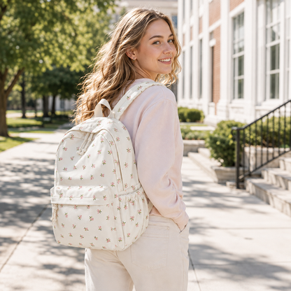 Floral Print School Backpack with Multiple Pockets for Students & Daily Use