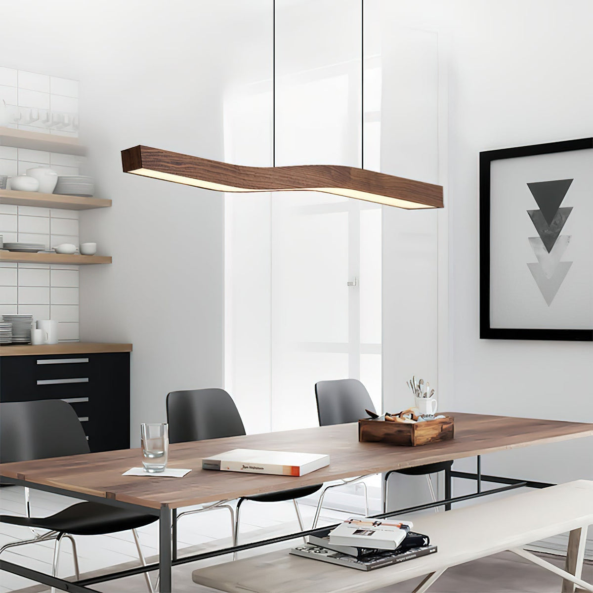 Modern Wave Pendant Light with Walnut-Finish Metal Frame & Dimmable LED for Dining Room Kitchen